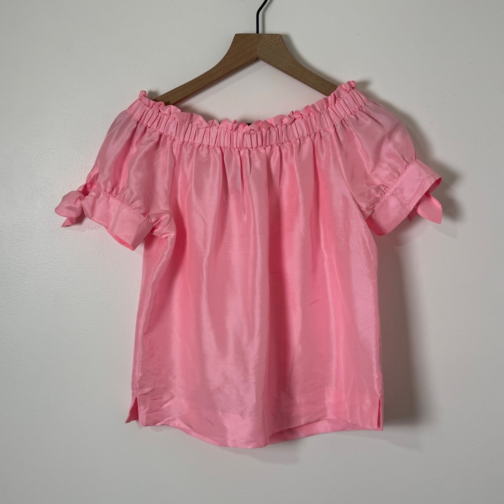 J Crew 100% Silk Blouse Womens 0 Pink Off Shoulder Coquette Feminine Romantic